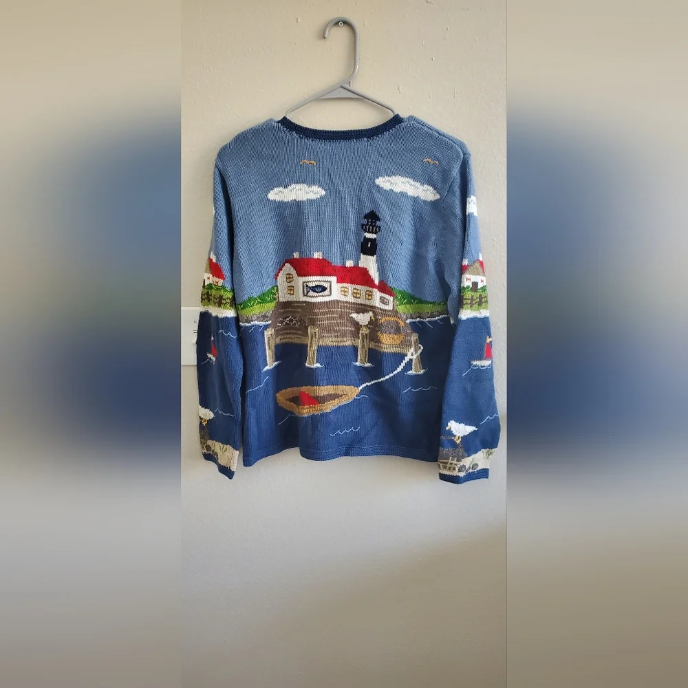 Nautical Themed Cardigan Sweater By Northern Isles Size M - Picture 2 of 3